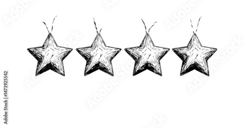 A social media product review is represented by flat people holding five golden stars, indicating a 5-star rating that is based on online votes from men and women who provide customer ratings and