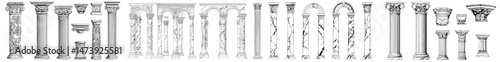 Ancient Greek columns and Corinthian pillars are key decorative elements in Roman architecture and antiqua construction