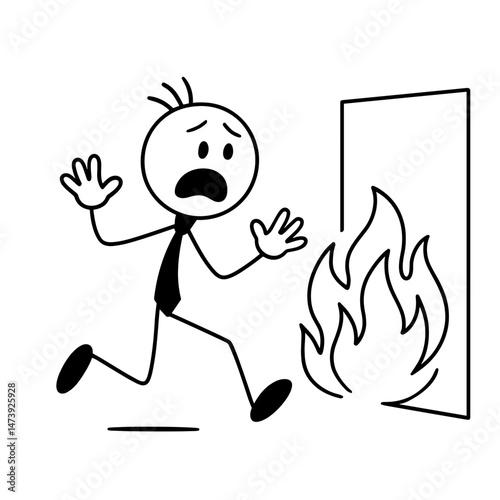 Businessman running away from burning office