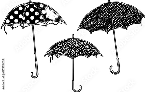 Top view umbrella and classic parasols are part of a realistic pool and beach sun shade mockup, including an opened waterproof canopy and automatic tent for modern rain or sunlight protection 3D