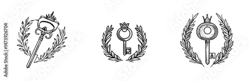 Icon of a keyword key with a crown and laurel wreath, symbolizing seo and isolated words search, in outline form, representing modern meta data traffic and media content information for keyword