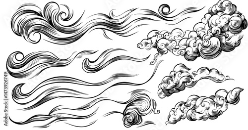 Doodle line art is used to depict wind cartoon effects, showcasing autumn wind blowing at high speed, windy spiral clouds of breeze, and modern icons characterized by doodle air motions, windy storm