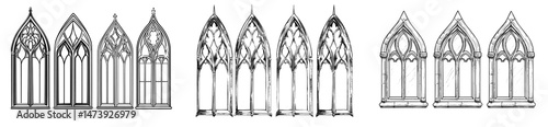 Isolated modern black outline silhouettes of Gothic church glass windows and medieval castle arches are set against a vintage backdrop of stained glass frames and traditional European cathedral