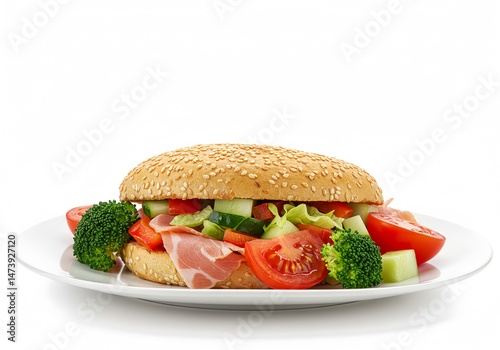 A close-up of a fresh sandwich on a white plate, filled with deli meat, crisp vegetables like tomato, cucumber, and broccoli, on a sesame seed bun. photo