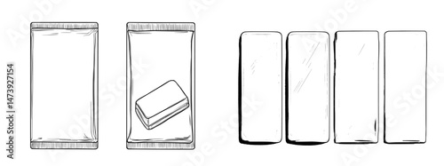 Chocolate and dessert snack food packs are showcased through a candy package mockup, featuring isolated 3d white plastic bags, wrappers, sachets, pouches, and paper cups