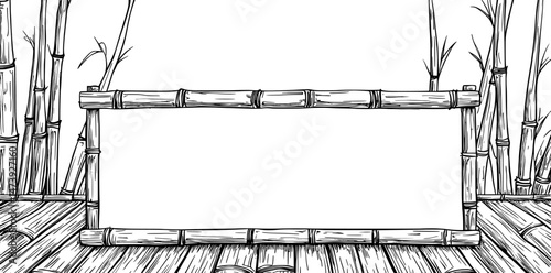 Bamboo frames bordered with wooden sticks or wooden sign boards are displayed on modern backgrounds, with bamboo stick frames on rope used for signboards at tiki beaches or in cartoon tropical jungle
