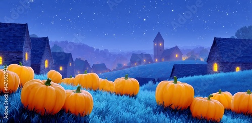 Pumpkins Scattered in a Tranquil Village Landscape at Night Under a Starry Sky