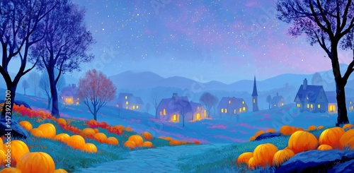 Pumpkins Scattered in a Tranquil Village Landscape at Night Under a Starry Sky