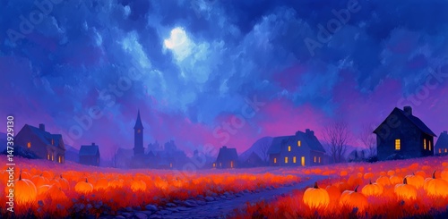 Charming Pumpkin Patch at Dusk With Glowing Lights and Dark Clouds Above
