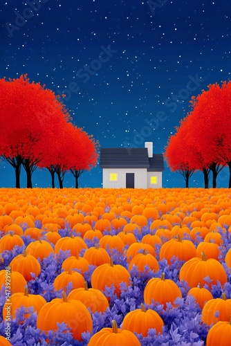 Vibrant Pumpkin Field With House and Colorful Trees Under a Starry Sky at Night