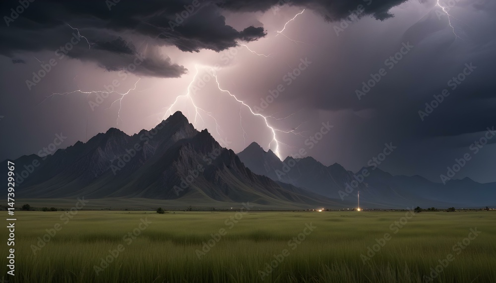 Obraz premium Dramatic lightning illuminates a mountain range during a severe thunderstorm at night time.