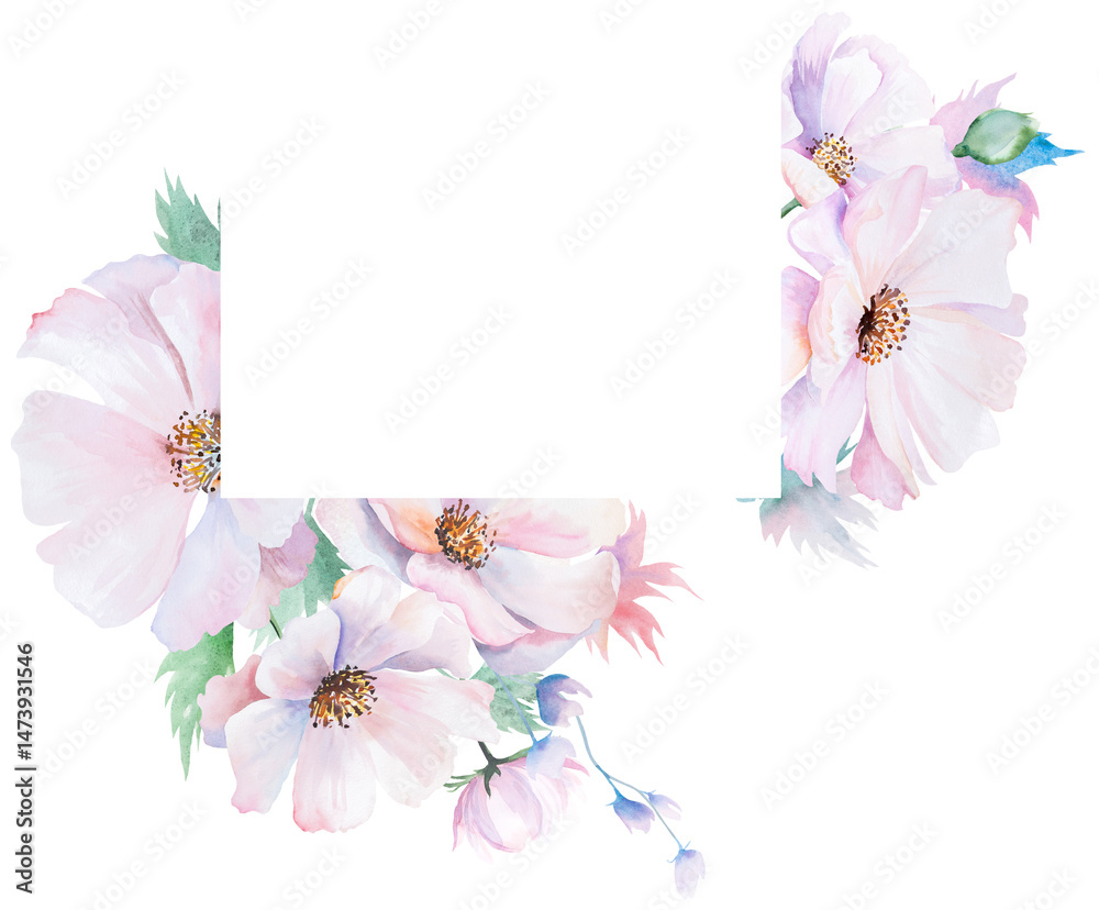 Frame made with watercolor pink peony flowers and leaves, pastel wedding isolated illustration