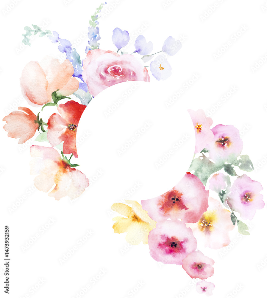 Frame with Watercolor pink and yellow flowers and leaves, pastel wedding isolated illustration