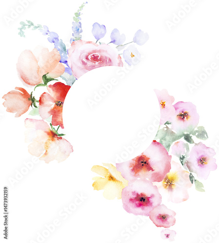 Obraz na płótnie Frame with Watercolor pink and yellow flowers and leaves, pastel wedding isolated illustration w salonie