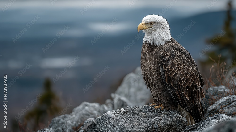 Fototapeta premium Majestic Bald Eagle on Mountain Peak: A majestic bald eagle, perched on a rocky outcrop, surveys its kingdom. The powerful bird of prey, with its distinctive white head and brown body.