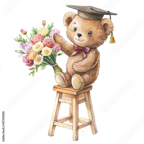 Cute bear wearing graduation cap holding flowers Watercolor White Background 
