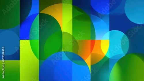 An abstract design features overlapping circles and squares in shades of blue, green, and yellow, creating a vibrant and modern geometric composition.