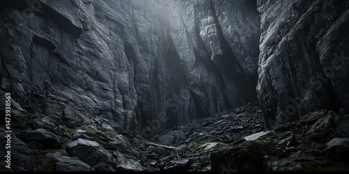 Dark, imposing chasm with rough, grey stone walls