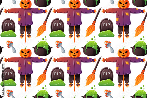 Halloween seamless pattern design with scarecrow, broom, fly agaric mushroom, tombstone and bubbling cauldron in cartoon for wrapping paper, background.