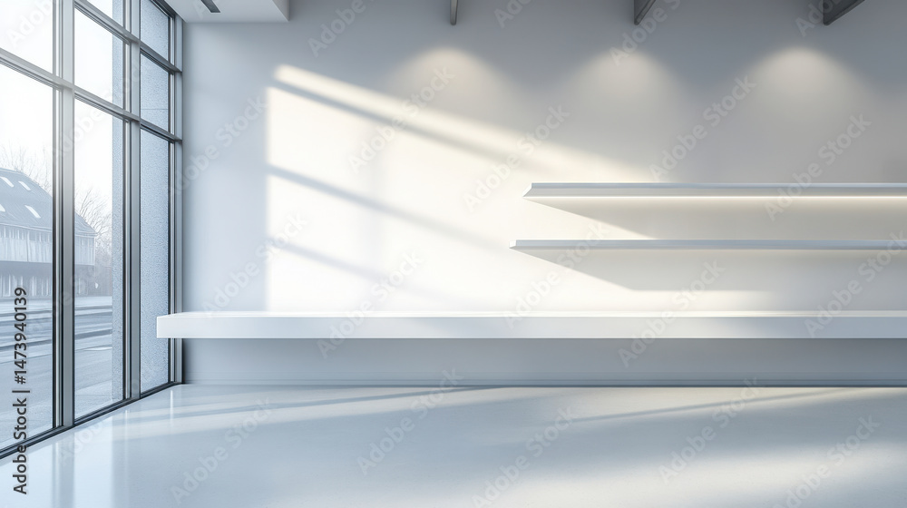 Obraz premium Modern gallery space with empty white shelf and large window