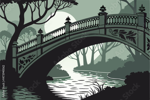 117 intricate gothic bridge, arched structure, silhouette, dramatic shadows, water reflection, architectural design, elegant ornamental details, atmospheric lighting, moody and mystical landscape