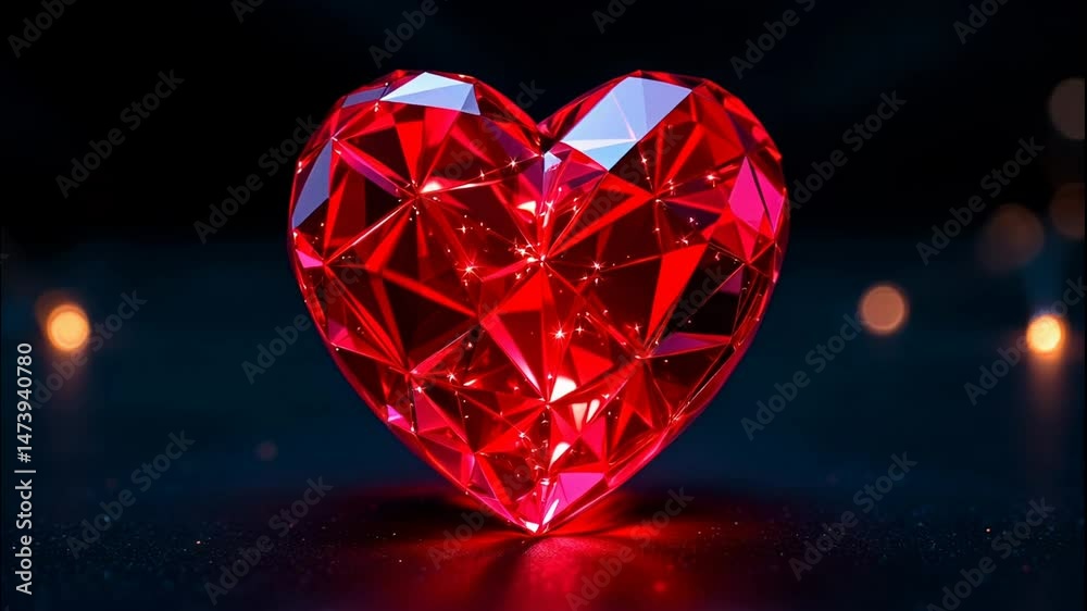 Red crystal heart shape. Reflective surface and dark background for Saint valentine day greeting card design or love message. Celebration of amorous relationship.