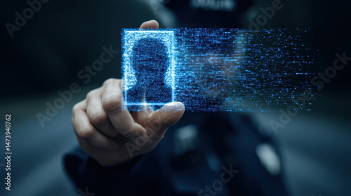 Police officer holding digital ID card, showcasing advanced technology law enforcement. image conveys sense of security