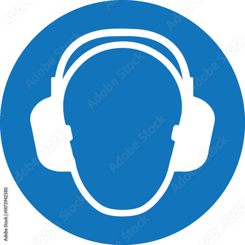 ISO mandatory safety sign, wear earmuffs, blue circular icon