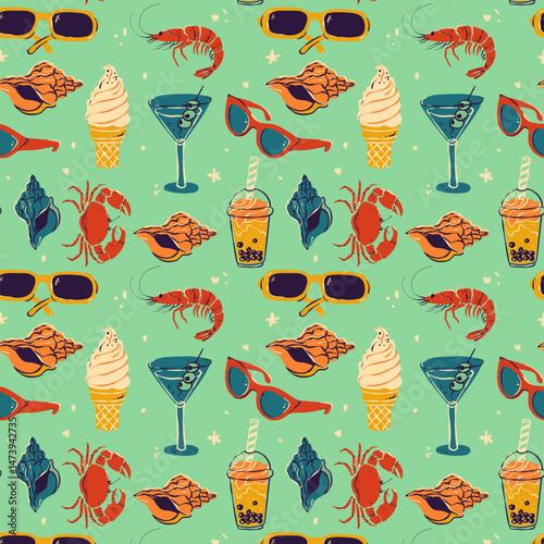 Summer crab pattern,Italy vacation mood. . Mediterranean wallpaper, cute geometric design, textile, background, paper. Vector hand drawn art