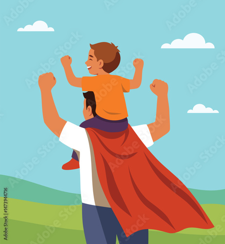 Father's day. Vector illustration father dad in superhero cape holding son on shoulders, fun, friendship and joy. Father's day greeting card. Use for family and holiday projects