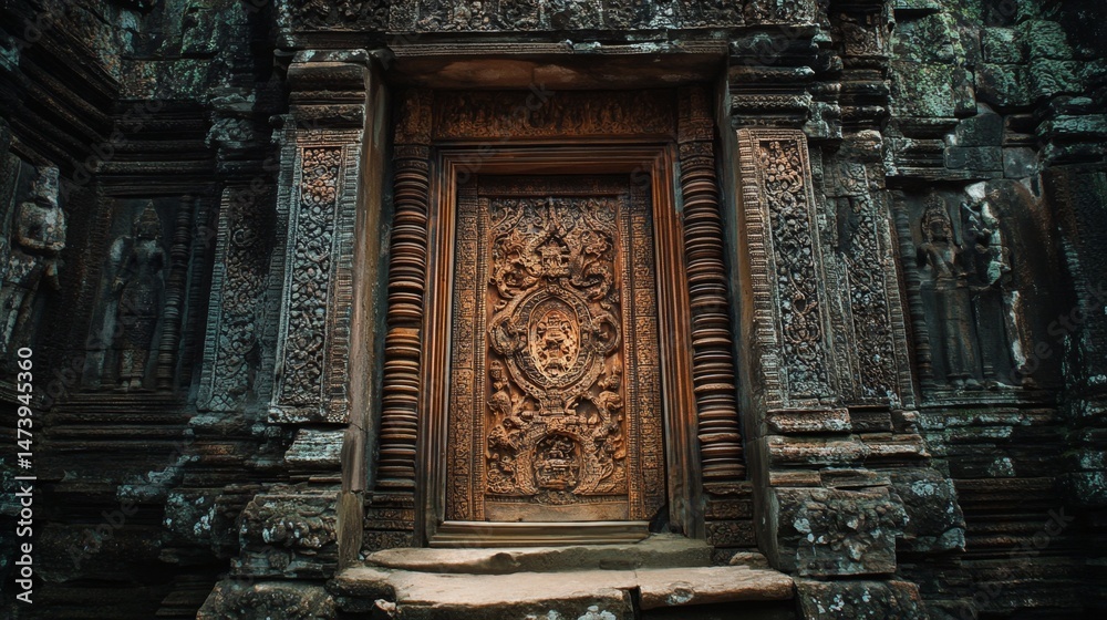 Fototapeta premium Intricate Carvings on an Ancient Khmer Temple Door