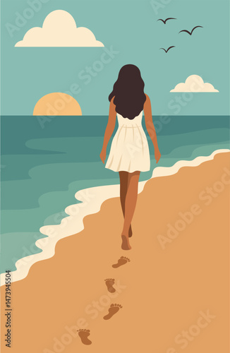  Summer holidays. Woman on vacation in white beach dress walking on the beach leaving footprints on the sand. Back view. Sea, sky, seagulls, sandy shore. Vector illustration for tourism projects