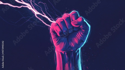 A clenched fist holding or releasing lightning symbolizes super strength, magical energy metaphor about controlling great power fantasy abstract art