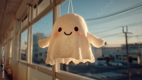 Cute halloween ghost decoration hanging in bright room, radiating cheerful vibe