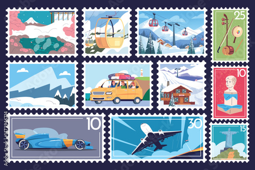 Travel postage marks. Touristic postcard postage stamps, summer vacation letter mail post stickers with attractions Japan Brazil mountains snow ski resort mark vector illustration