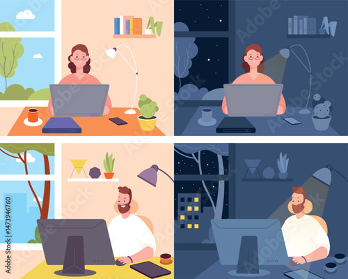 Worker day and night. Tired student late study at computer, tired freelance designer on workplace desk woman man with laptop overtime hour routine bed time vector illustration