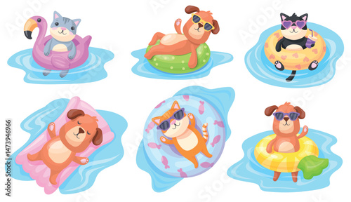 Animals in swimming rings. Cartoon cute pet swim ring pool, dog cat sunglasses funny characters summer vacation sea beach mascot float inflatable circle, neat vector illustration