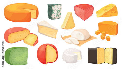 Cartoon cheese types. Italian swiss or goat cheeses type, cheddar mozzarella brie gouda parmesan french curd milk dairy food slices breakfast snack, set neat vector illustration