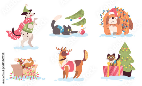 Christmas pets. Cartoon cute dog cat winter holiday decoration, funny pet animals in santa costume with merry xmas gift happy kitten puppy scarf sweater, classy vector illustration