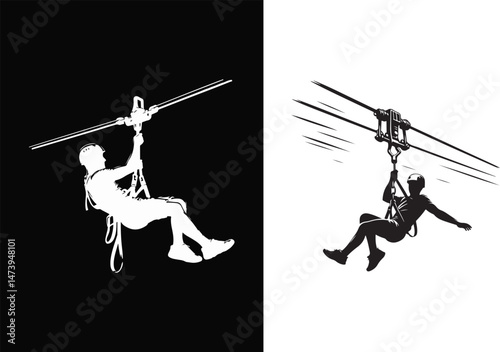 Zip Lining Silhouette Icons with Harness Vector Set