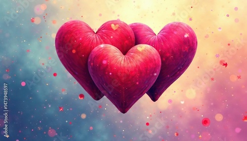 Three hearts forming a triangle, vibrant colors, abstract love concept , relationship, pink