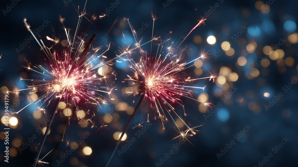 Fototapeta premium Red and blue sparklers glow with golden embers, soft fireworks in the distance. Celebrating Fourth of July with vibrant lights and vintage charm.