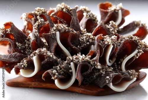 Delectable Gourmet Snack Display Featuring Curly Dried Meat with White Flavorful Coating and Spices Ready for Tasting Experience and Culinary Inspiration