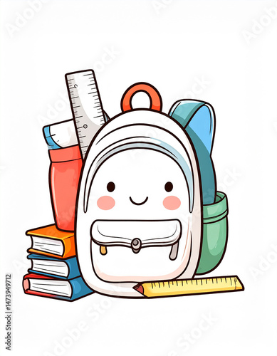 Cute watercolor-style illustration of school elements – backpack, books, ruler