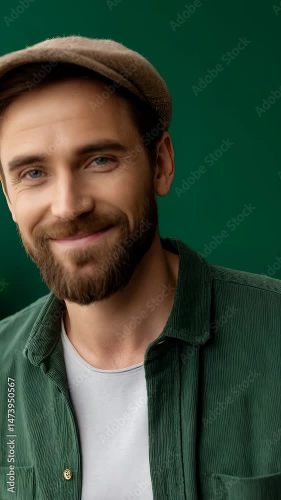 Smiling man with beard wearing cap and green shirt holding a glass of dark beer against green background, studio shot Smiling man with beard wearing cap and green shirt holding a glass of dark beer against green background, studio shot