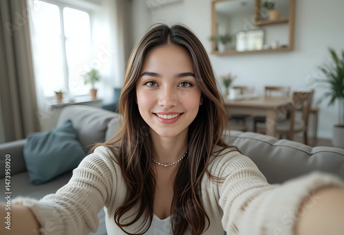 Happy attractive young adult woman housewife sitting on sofa looking at camera in modern cozy home. Free Download Happy attractive young adult woman housewife sitting on sofa looking at camera in modern cozy home. - GFXLoad
