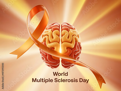 Conceptual illustration of world multiple sclerosis day featuring ribbon and brain symbolizing awareness and support