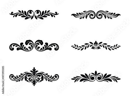 Elegant black and white decorative ornaments and floral swirls isolated on a white background