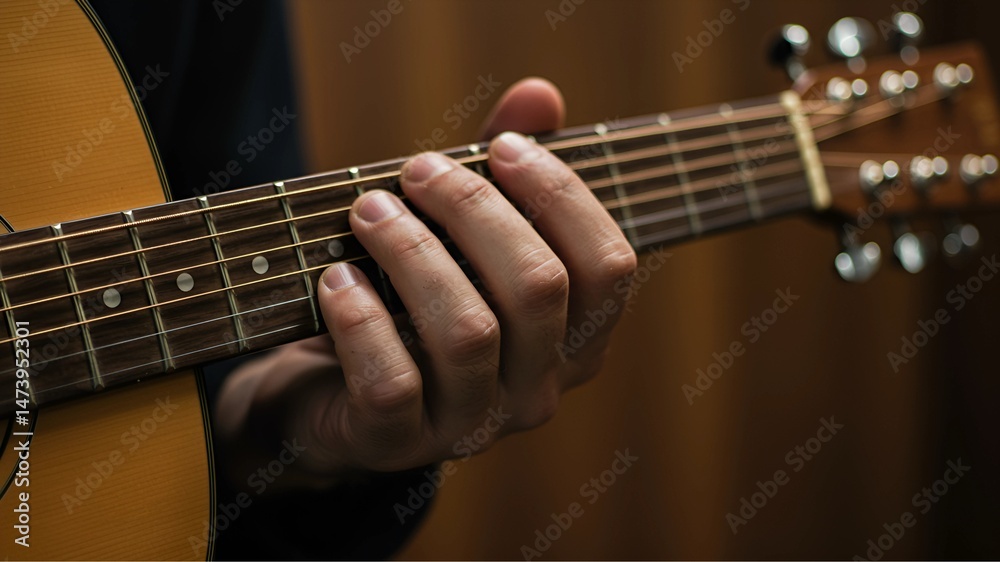 Fototapeta premium Close-up of a guitar in the hands of a musician. Copy space