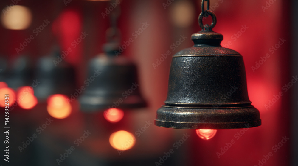 Obraz premium Vintage Hanging Bells with Warm Red Lighting